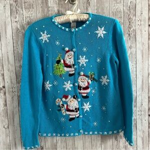 Vintage Christmas Holiday Blue Cardigan with Santa and Snowflakes XSmall Cottage